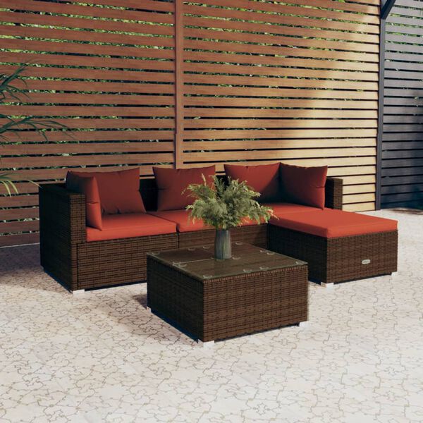 vidaXL 5 pcs conjunto lounge jardim c/ almofad&otilde;es vime PE castanho