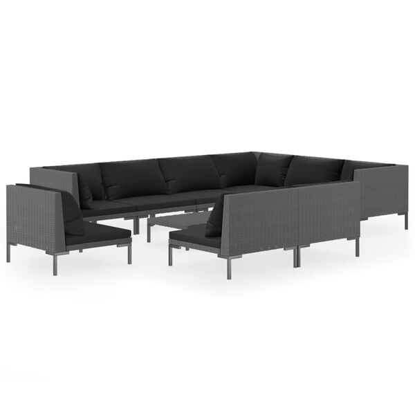 vidaXL 10 pcs conj. lounge jardim c/ almofad&otilde;es vime PE cinza-escuro