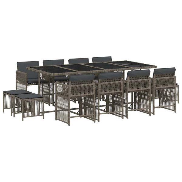 vidaXL 13 pcs conjunto jantar p/ jardim c/ almofad&otilde;es vime PE cinzento