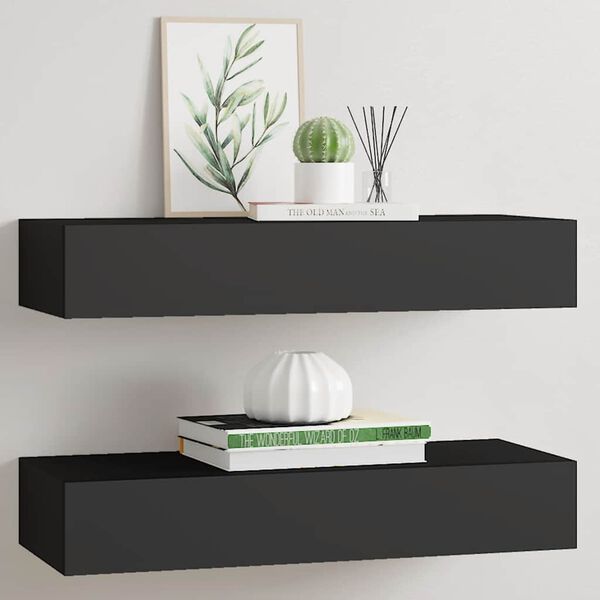 vidaXL Prateleiras de parede c/ gavetas 2 pcs MDF 60x23,5x10 cm preto