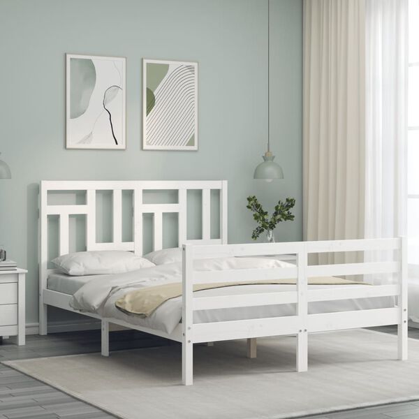 vidaXL Estrutura de cama com cabeceira 140x190cm madeira maciça branco