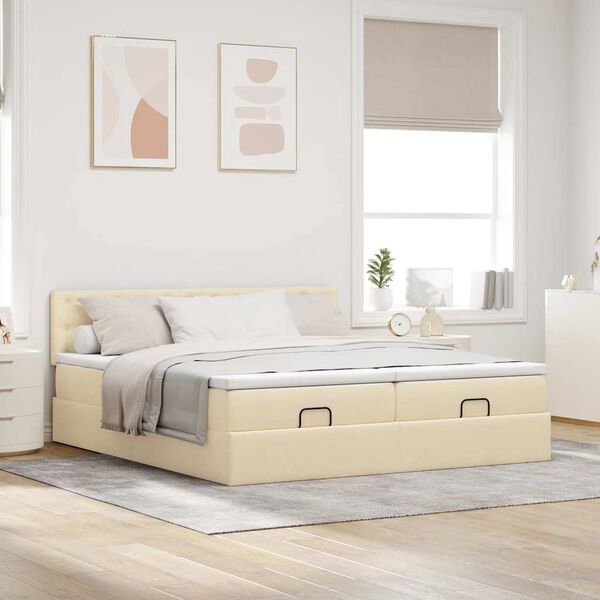 vidaXL Estrutura de cama otomana com colch&otilde;es tecido creme 180x200cm