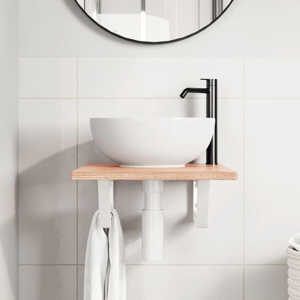 vidaXL Prateleira de parede p/ lavat&oacute;rio a&ccedil;o/madeira carvalho maci&ccedil;a