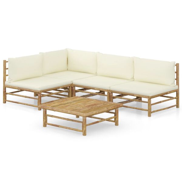 vidaXL 5 pcs conj. lounge p/ jardim em bambu c/ almofadões branco nata