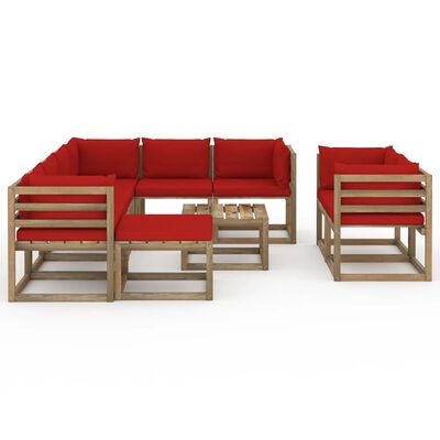 vidaXL 10 pcs conjunto lounge para jardim com almofadões vermelhos