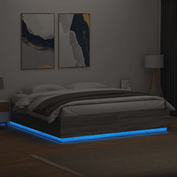 vidaXL Estrutura de cama c/ luzes LED derivados madeira cinza sonoma