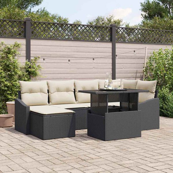 vidaXL Conjunto de Sof&aacute; de Jardim com almofada 7 pcs Preto e Creme