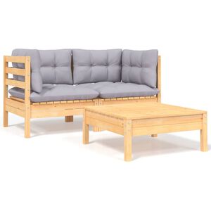 vidaXL 3 pcs conj. lounge jardim c/ almofad&otilde;es cinzentos pinho maci&ccedil;o