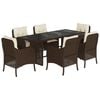 vidaXL 7 pcs conjunto jantar p/ jardim c/ almofad&otilde;es vime PE castanho