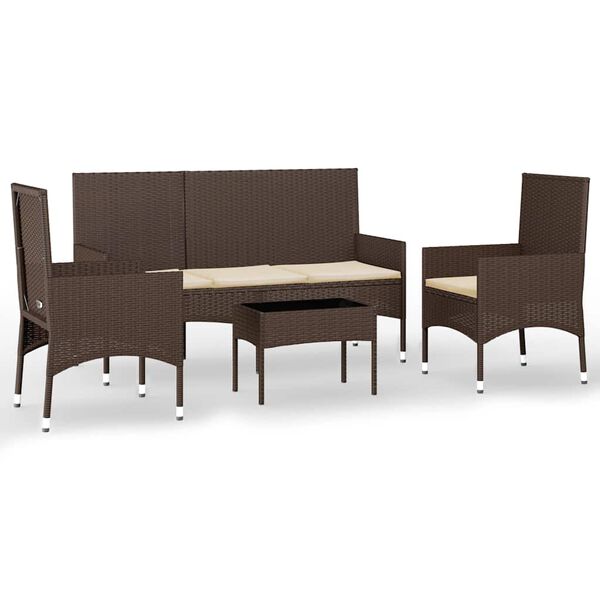 vidaXL 4 pcs conjunto lounge jardim c/ almofad&otilde;es vime PE castanho