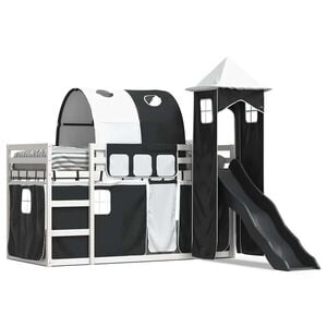 vidaXL Beliche com escorrega e cortinas 90x200 cm branco e preto