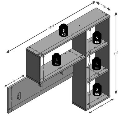 FMD Cabide de parede com 4 compartimentos abertos antracite e carvalho