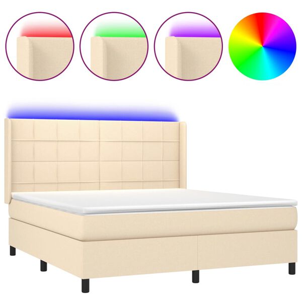 vidaXL Cama box spring c/ colch&atilde;o e LED 180x200 cm tecido cor creme