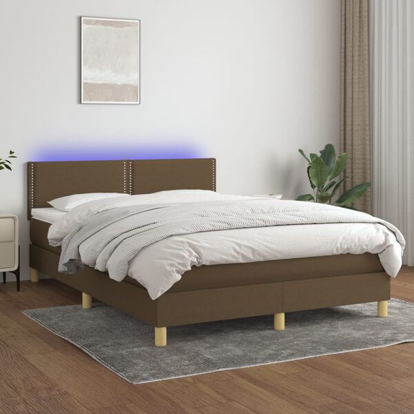 vidaXL Cama box spring c/ colch&atilde;o/LED 140x190cm tecido castanho-escuro