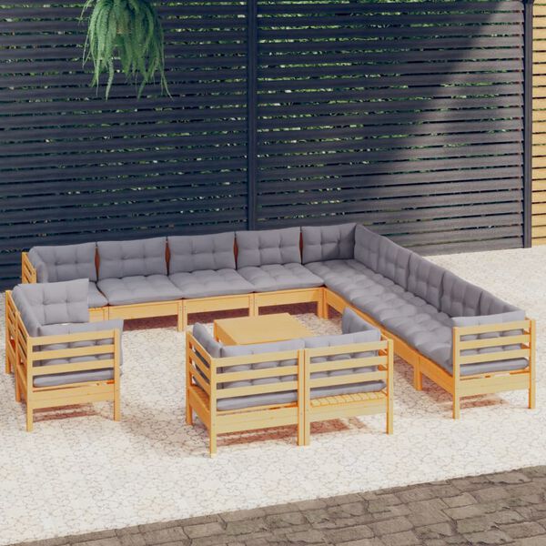 vidaXL 14 pcs conj. lounge jardim c/ almofad&otilde;es cinzentos pinho maci&ccedil;o