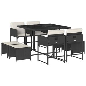 vidaXL 9 pcs conjunto de jantar p/ jardim c/ almofad&otilde;es vime PE preto