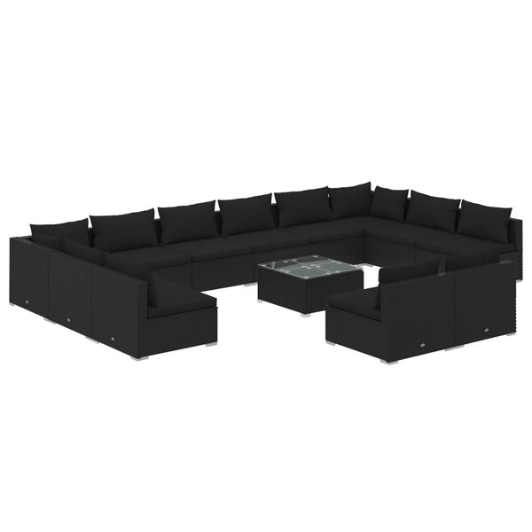 vidaXL 13 pcs conjunto lounge de jardim c/ almofad&otilde;es vime PE preto