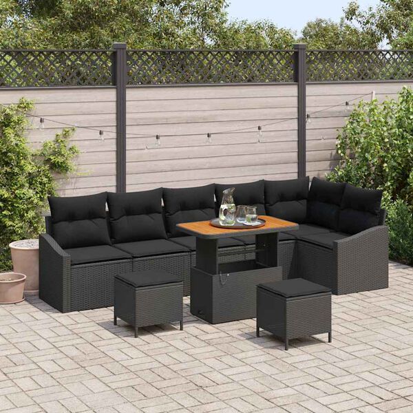 vidaXL Conjunto de Sof&aacute; de Jardim 9 pcs Preto Rattan Sint&eacute;tico
