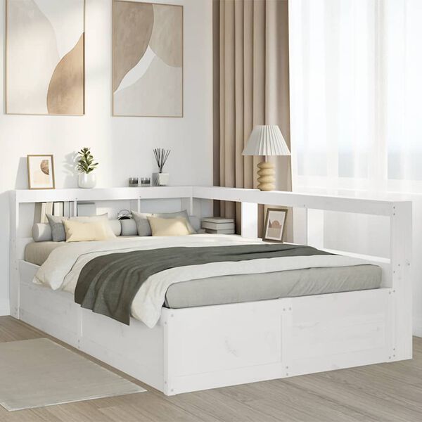 vidaXL Cama com estante sem colch&atilde;o 120x190 cm pinho maci&ccedil;o branco
