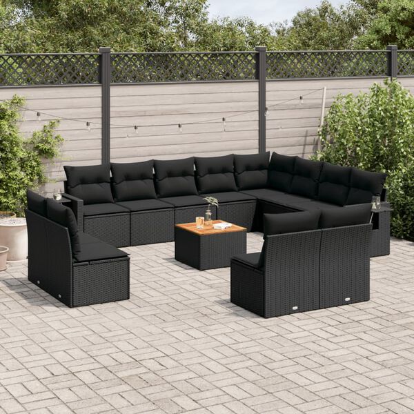 vidaXL 13 pcs conjunto de sof&aacute;s de jardim com almofad&otilde;es vime PE preto