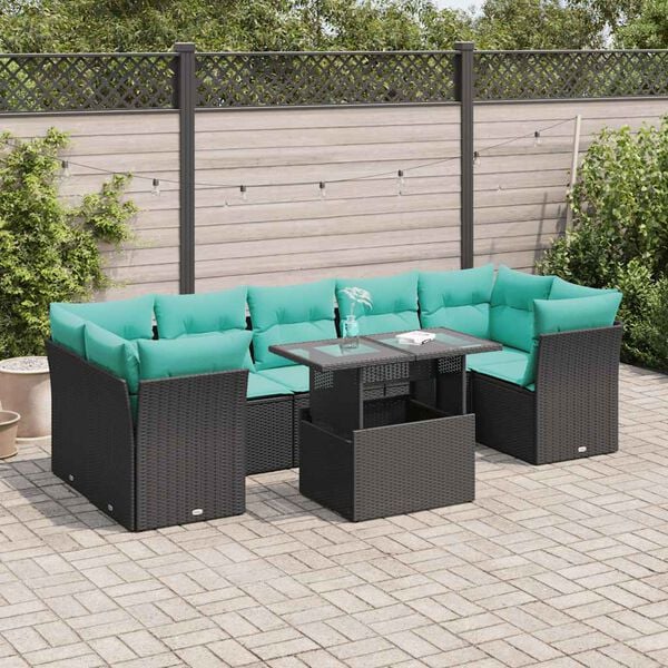 vidaXL 8 pcs conjunto sof&aacute;s jardim com almofad&otilde;es vime PE/ac&aacute;cia preto