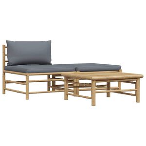 vidaXL 3 pcs conj. lounge jardim em bambu c/ almofad&otilde;es cinza-escuro