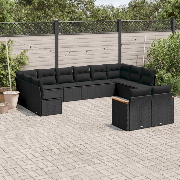 vidaXL 12 pcs conjunto de sof&aacute;s de jardim c/ almofad&otilde;es vime PE preto