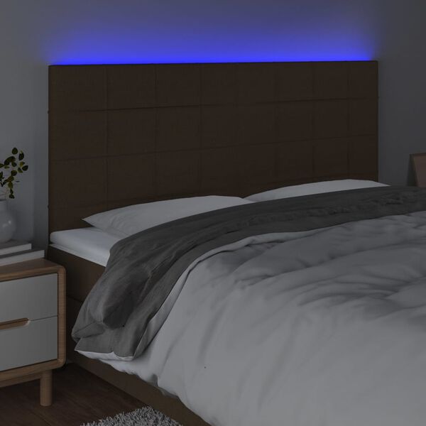 vidaXL Cabeceira de cama c/ LED tecido 200x5x118/128 cm castanho