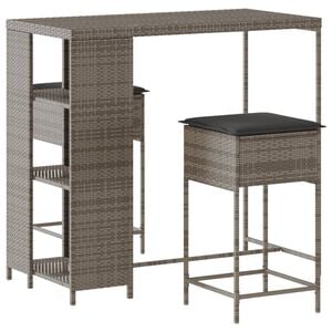 vidaXL 3 pcs conjunto de bar p/ jardim c/ almofad&otilde;es vime PE cinzento