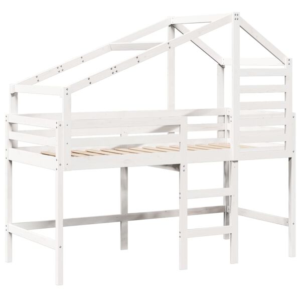 vidaXL Cama alta c/ escada e telhado 80x200 cm pinho maciço branco