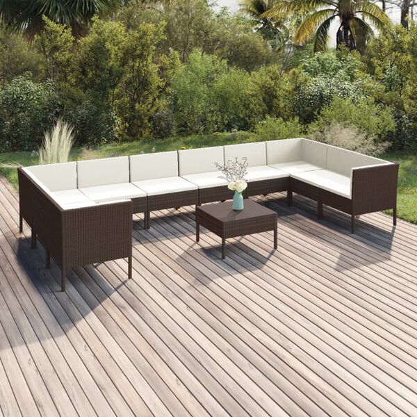 vidaXL 11 pcs conjunto lounge jardim c/ almofad&otilde;es vime PE castanho