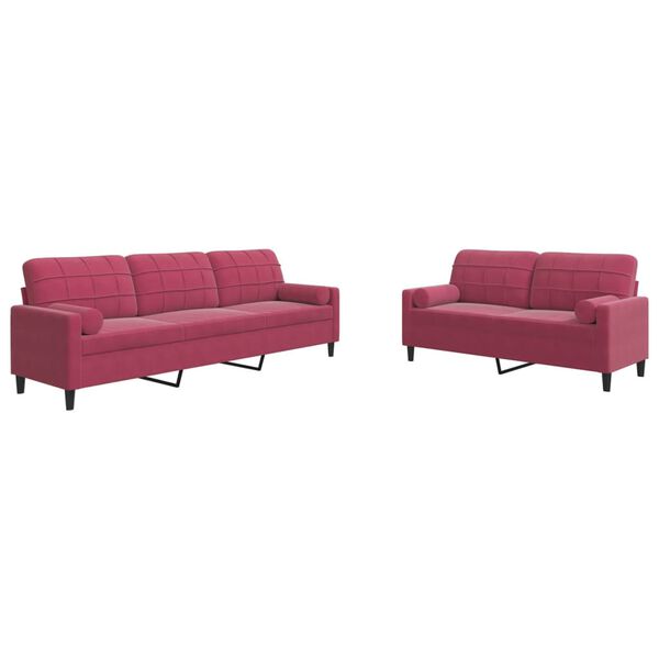vidaXL 2pcs conjunto sof&aacute;s c/ almofad&otilde;es e rolos veludo vermelho tinto