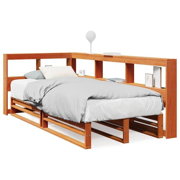 vidaXL Cama com estante sem colch&atilde;o 90x190cm pinho maci&ccedil;o castanho-mel