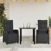 vidaXL 3 pcs conjunto de jantar p/ jardim c/ almofad&otilde;es vime PE preto