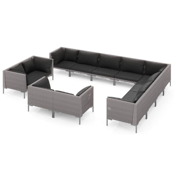 vidaXL 12 pcs conj. lounge jardim c/ almofad&otilde;es vime PE cinza-escuro