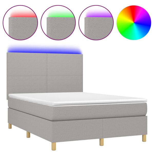 vidaXL Cama box spring c/ colch&atilde;o e LED 140x190 cm tecido cinza-claro