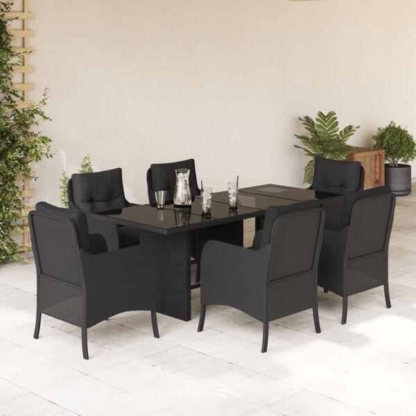 vidaXL 7 pcs conjunto de jantar p/ jardim c/ almofad&otilde;es vime PE preto