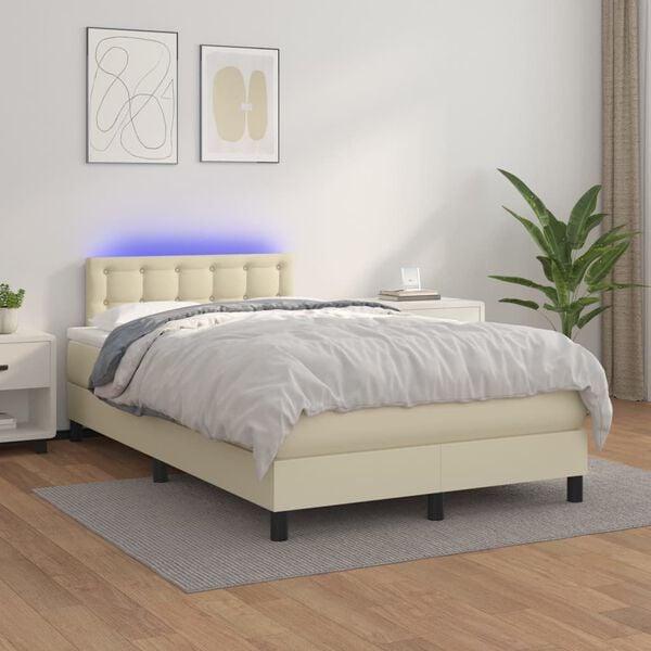vidaXL Cama box spring c/ colch&atilde;o/LED 120x200cm couro artificial creme