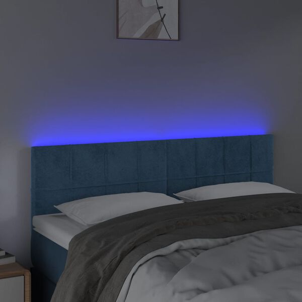 vidaXL Cabeceira de cama c/ luzes LED veludo 144x5x78/88cm azul-escuro