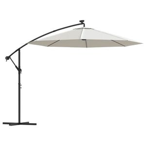 vidaXL Guarda-sol suspenso c/ ilumina&ccedil;&atilde;o LED 300 cm areia poste metal