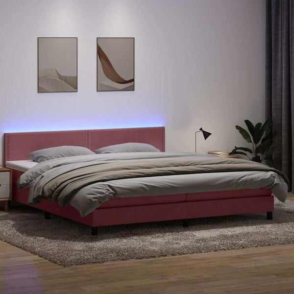 vidaXL Cama box spring c/ colch&atilde;o e LED 180x210 cm veludo Rosa