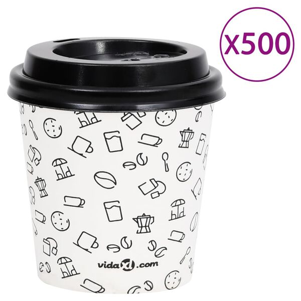 vidaXL Copos de caf&eacute; em papel com tampas 120 ml 500 pcs branco e preto