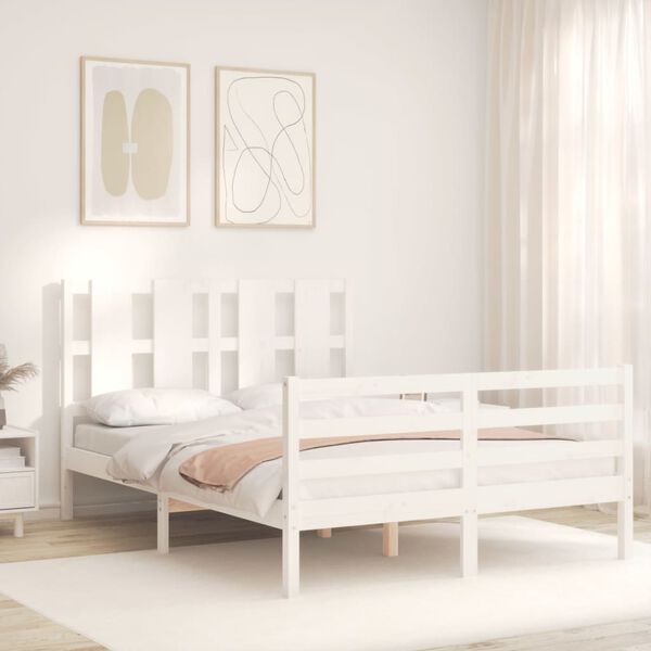 vidaXL Estrutura de cama com cabeceira 140x190cm madeira maci&ccedil;a branco