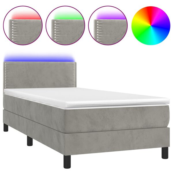 vidaXL Cama box spring c/ colch&atilde;o/LED 100x200 cm veludo cinzento-claro