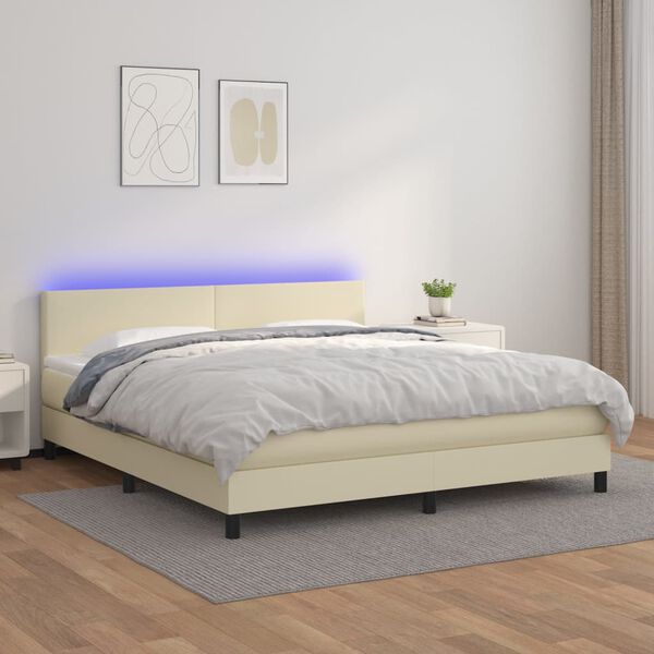 vidaXL Cama box spring c/ colch&atilde;o/LED 180x200cm couro artificial creme