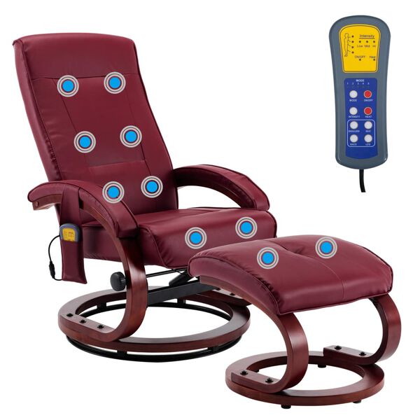 vidaXL Cadeira massagens + apoio p&eacute;s couro artif. vermelho tinto