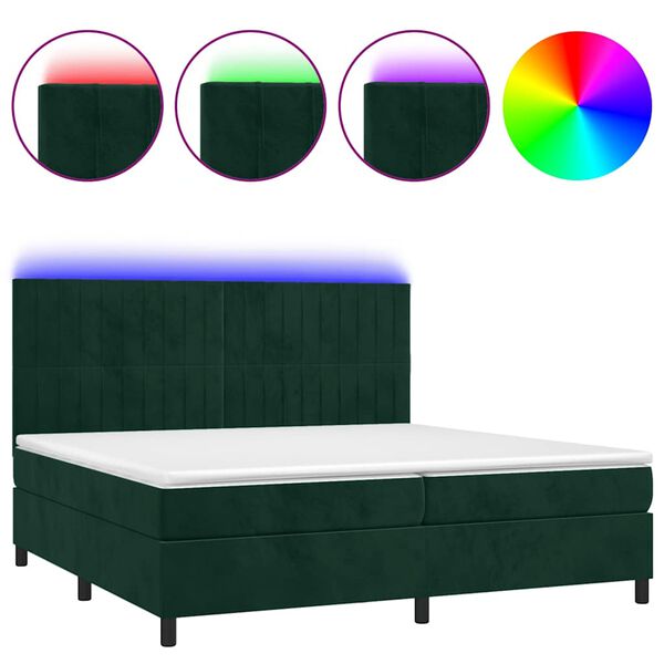 vidaXL Cama box spring c/ colch&atilde;o/LED 200x200 cm veludo verde-escuro