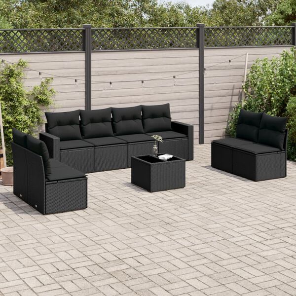 vidaXL 9 pcs conjunto de sofás p/ jardim c/ almofadões vime PE preto