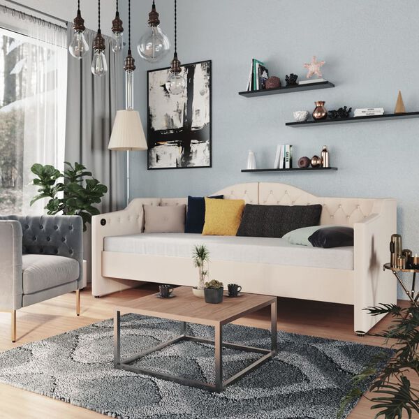 vidaXL Sof&aacute;-cama c/ colch&atilde;o e sa&iacute;da USB 90x200 cm tecido cor creme