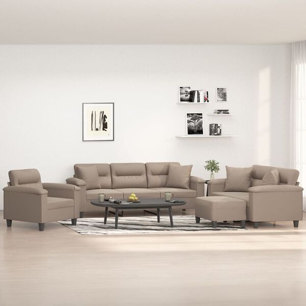 vidaXL 4 pcs conjunto sof&aacute;s c/ almofadas microfibra cinza-acastanhado